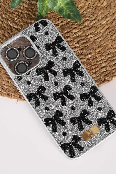 Gri TeknoCase İPhone 16 Pro Max Uyumlu Perfect Diamond Case Serisi Taşlı Lens Hediyeli Sert Silikon Telefon Kılıfı 480850