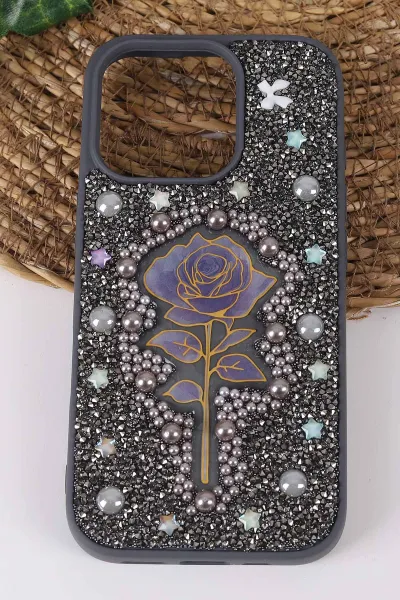 Gri TeknoCase İPhone 16 Pro Uyumlu Afra Diamond Case Serisi Lens Hediyeli Premium Sert Silikon Telefon Kılıfı 430548