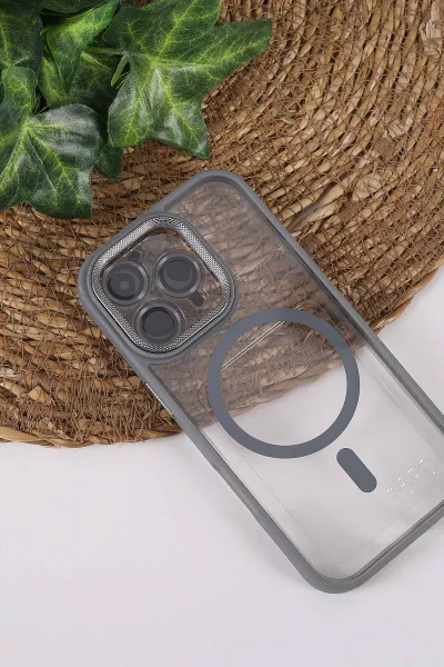 Gri TeknoCase İPhone 16 Pro Uyumlu Clear Lüx Case Serisi Lens Hediyeli Sert Silikon Telefon Kılıfı 430739