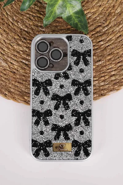 Gri TeknoCase İPhone 16 Pro Uyumlu Perfect Diamond Case Serisi Taşlı Lens Hediyeli Sert Silikon Telefon Kılıfı 480840