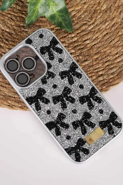 Gri TeknoCase İPhone 16 Pro Uyumlu Perfect Diamond Case Serisi Taşlı Lens Hediyeli Sert Silikon Telefon Kılıfı 480840