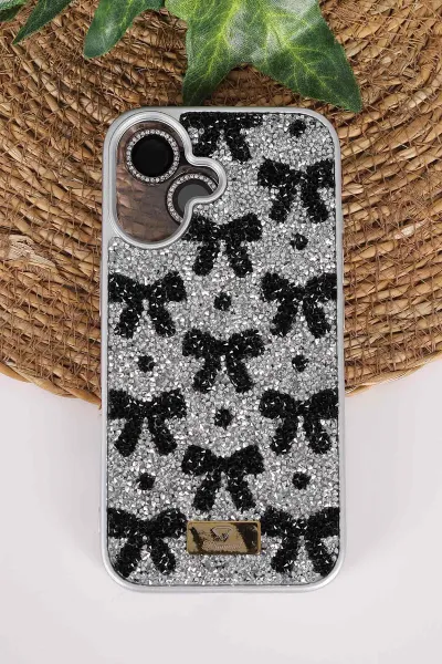 Gri TeknoCase İPhone 16 Uyumlu Perfect Diamond Case Serisi Taşlı Lens Hediyeli Sert Silikon Telefon Kılıfı 480834