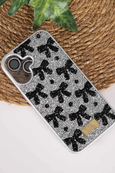 Gri TeknoCase İPhone 16 Uyumlu Perfect Diamond Case Serisi Taşlı Lens Hediyeli Sert Silikon Telefon Kılıfı 480834