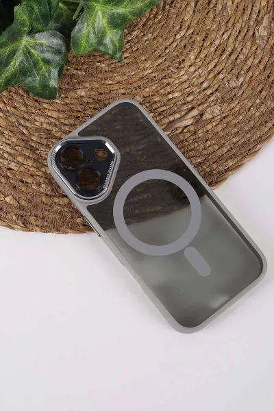 Gri TeknoCase İPhone 16 Uyumlu Wesley Case Serisi Magsafe Özellikli Transparan Sert Silikon Telefon Kılıfı 430634