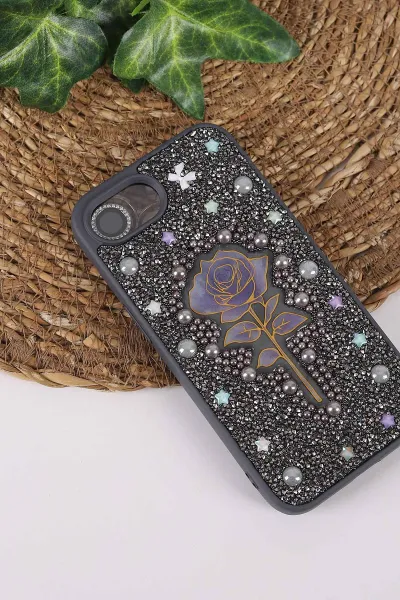 Gri TeknoCase İPhone 16E Uyumlu Afra Diamond Case Serisi Lens Hediyeli Premium Sert Silikon Telefon Kılıfı 430558
