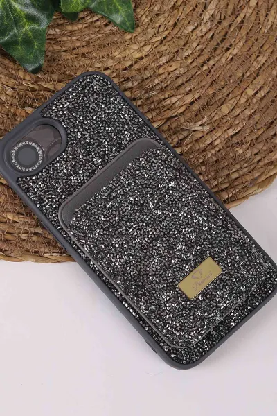 Gri TeknoCase İPhone 16E Uyumlu Viola Diamond Case Serisi Kartlıklı Lens Hediyeli Sert Silikon Telefon Kılıfı 430854