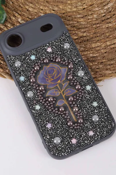 Gri TeknoCase İPhone 17 Air Uyumlu Afra Diamond Case Serisi Lens Hediyeli Premium Sert Silikon Telefon Kılıfı 430568