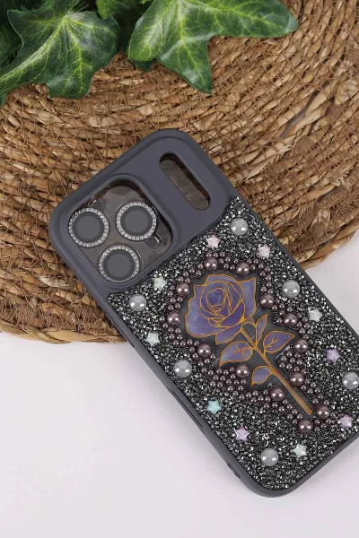 Gri TeknoCase İPhone 17 Pro Max Uyumlu Afra Diamond Case Serisi Lens Hediyeli Premium Sert Silikon Telefon Kılıfı 430577