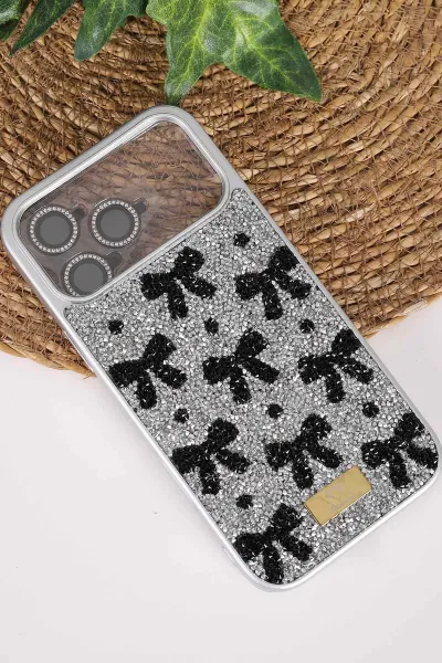 Gri TeknoCase İPhone 17 Pro Max Uyumlu Perfect Diamond Case Serisi Taşlı Lens Hediyeli Sert Silikon Telefon Kılıfı 480869
