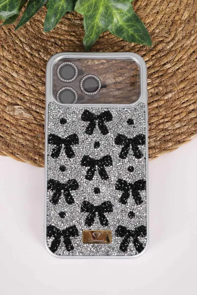 Gri TeknoCase İPhone 17 Pro Max Uyumlu Perfect Diamond Case Serisi Taşlı Lens Hediyeli Sert Silikon Telefon Kılıfı 480869