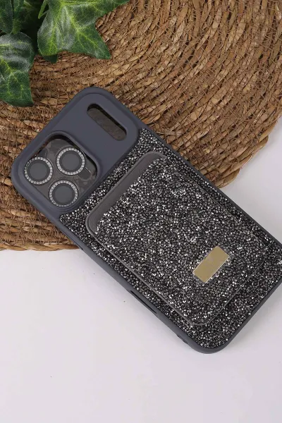 Gri TeknoCase İPhone 17 Pro Max Uyumlu Viola Diamond Case Serisi Kartlıklı Lens Hediyeli Sert Silikon Telefon Kılıfı 430871