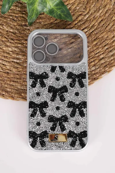 Gri TeknoCase İPhone 17 Pro Uyumlu Perfect Diamond Case Serisi Taşlı Lens Hediyeli Sert Silikon Telefon Kılıfı 480862