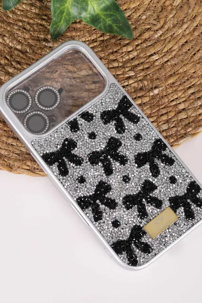 Gri TeknoCase İPhone 17 Pro Uyumlu Perfect Diamond Case Serisi Taşlı Lens Hediyeli Sert Silikon Telefon Kılıfı 480862