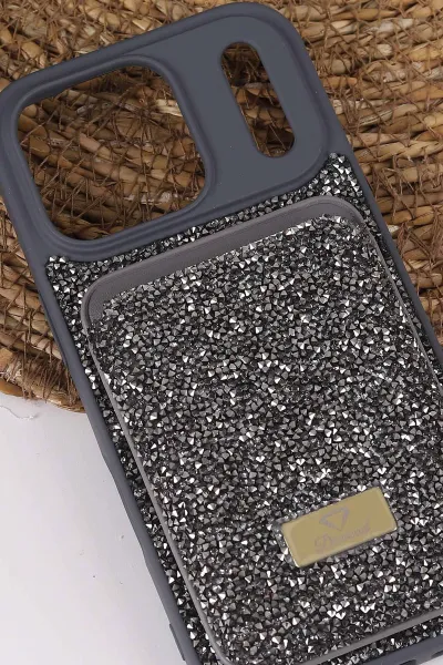 Gri TeknoCase İPhone 17 Pro Uyumlu Viola Diamond Case Serisi Kartlıklı Lens Hediyeli Sert Silikon Telefon Kılıfı 430866