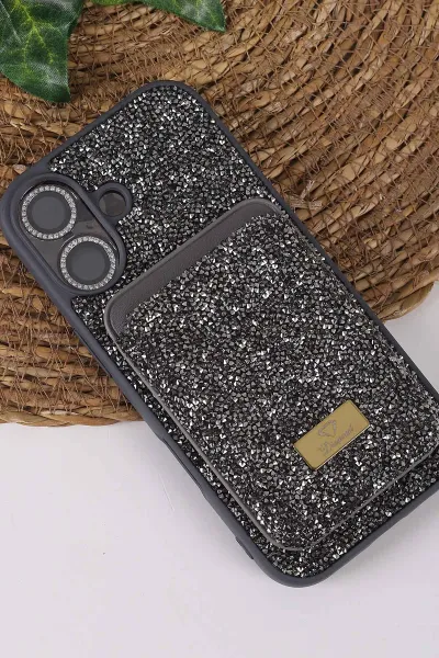 Gri TeknoCase İPhone 17 Uyumlu Viola Diamond Case Serisi Kartlıklı Lens Hediyeli Sert Silikon Telefon Kılıfı 430859