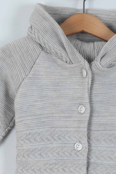 Gri Triko Kapüşonlu Düğme Detaylı Erkek Bebe Hırka 216716