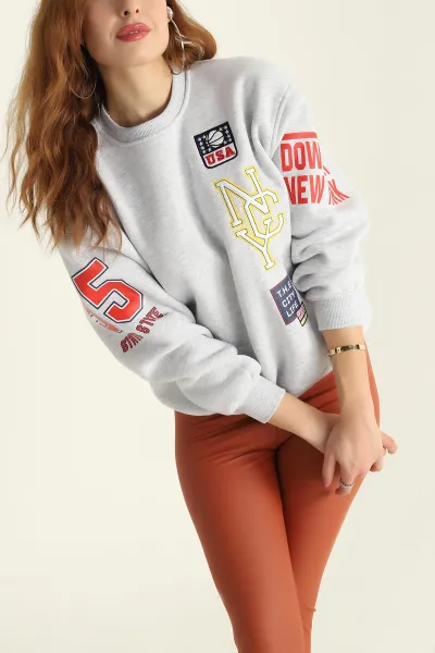 Gri Üç İp Şardonlu Nakışlı Bayan Sweat 306489