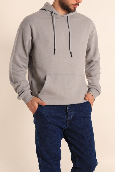 Gri Üç İp Şardonsuz Kanguru Cepli Erkek Sweatshirt 221683