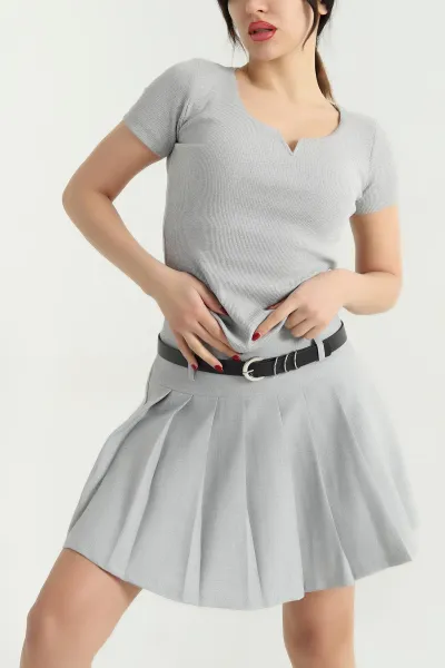 Gri V Detay Likralı Kaşkorse Bluz 340371