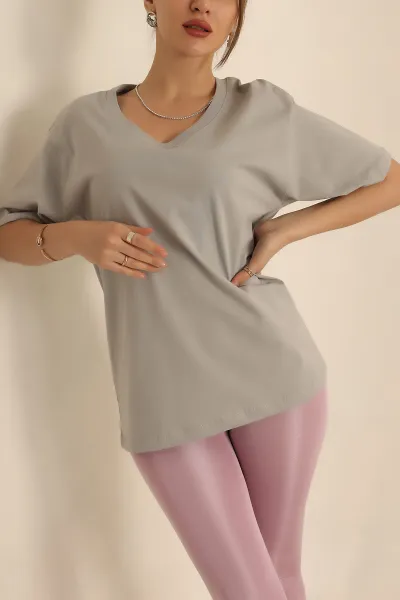 Gri V Yaka Bayan Tişört 245513
