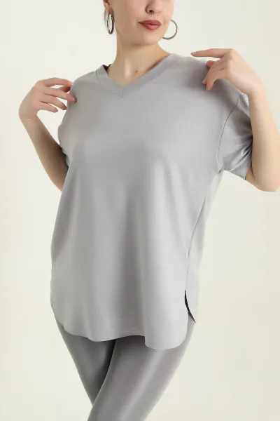 Gri V Yaka Oval Kesim Oysho Kadın Bluz 433843