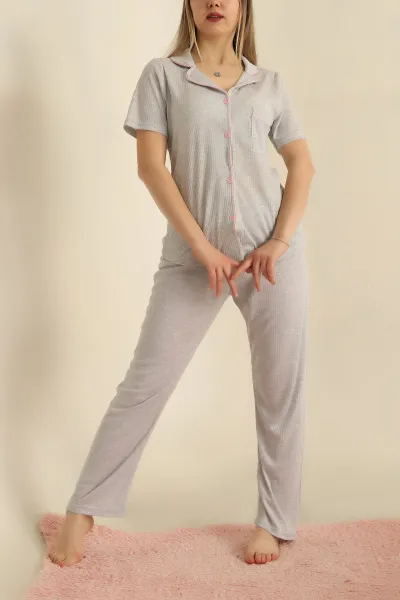 Gri Viskon Düğmeli Fitilli Pijama Takımı 251558