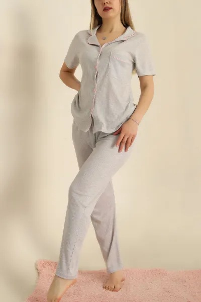 Gri Viskon Düğmeli Fitilli Pijama Takımı 251558