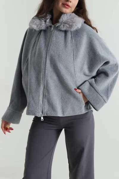 Gri Yaka Kürklü Kaşe Kadın Mont 495982