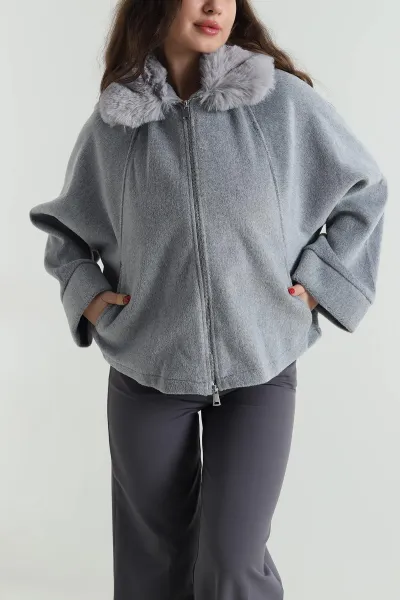 Gri Yaka Kürklü Kaşe Kadın Mont 495982