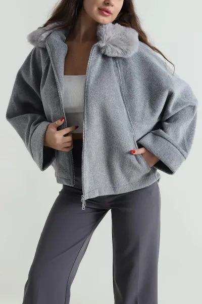 Gri Yaka Kürklü Kaşe Kadın Mont 495982
