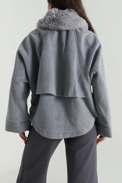 Gri Yaka Kürklü Kaşe Kadın Mont 495982