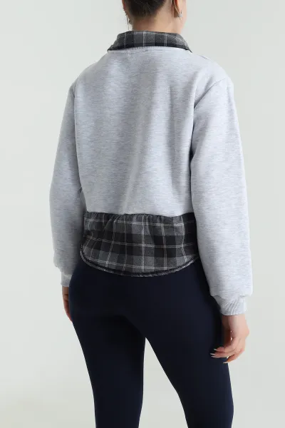 Gri Yakası Çıkma Ekose Garnili Kadın Şardonlu Sweat 492759