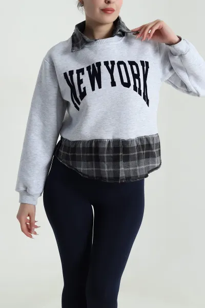 Gri Yakası Çıkma Ekose Garnili Kadın Şardonlu Sweat 492759