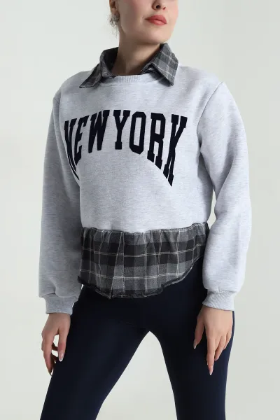 Gri Yakası Çıkma Ekose Garnili Kadın Şardonlu Sweat 492759