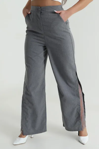 Gri Yanı Dantelli Poliviskon Kadın Pantolon 485052