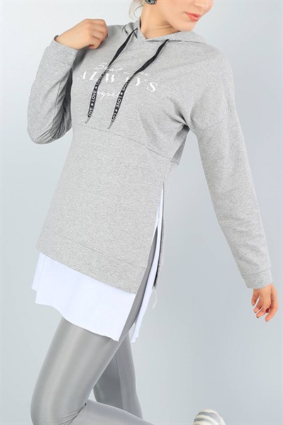 Gri Yanı Yırtmaçlı Kapüşonlu Salaş Sweat Tunik 40892