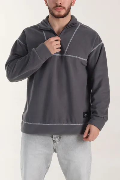 Gri Yarım Fermuarlı Dik Yaka Dikiş Detaylı Polar Kumaş Erkek Sweatshirt 404323