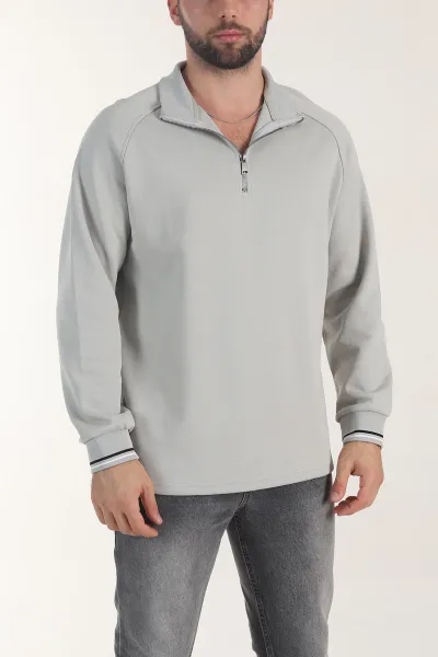 Gri Yarım Fermuarlı Dik Yaka Erkek Sweatshirt 406952