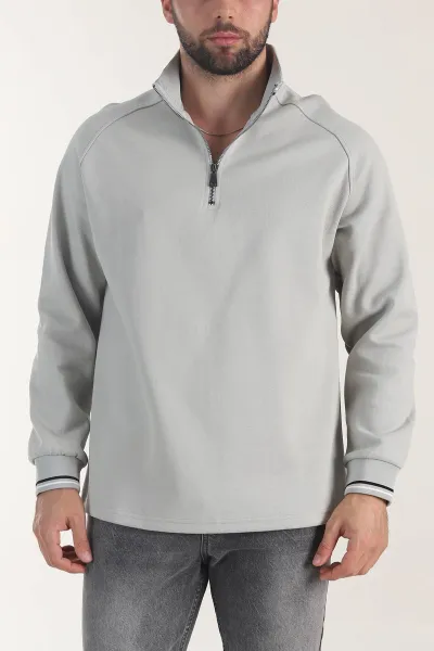 Gri Yarım Fermuarlı Dik Yaka Erkek Sweatshirt 406952