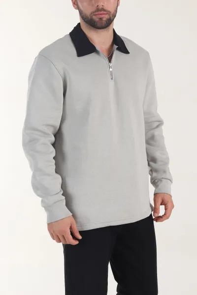 Gri Yarım Fermuarlı Üç İp Şardonlu Polo Yaka Erkek Sweatshirt 406132