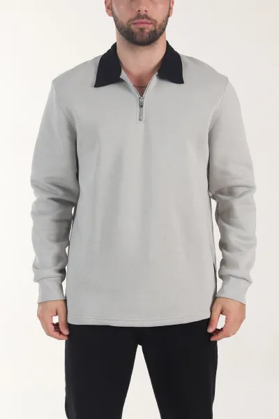 Gri Yarım Fermuarlı Üç İp Şardonlu Polo Yaka Erkek Sweatshirt 406132