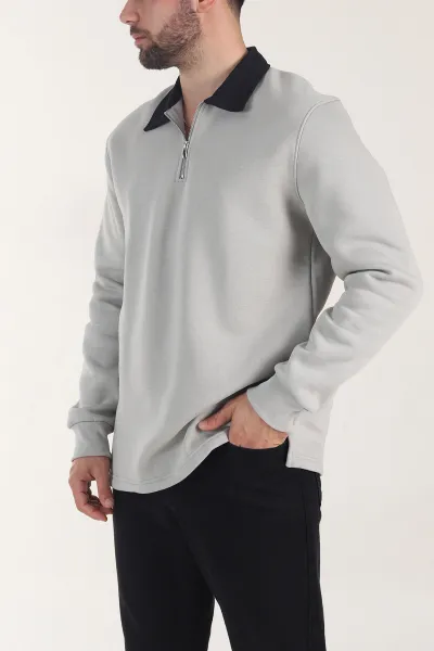 Gri Yarım Fermuarlı Üç İp Şardonlu Polo Yaka Erkek Sweatshirt 406132