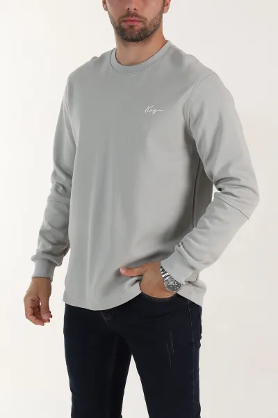 Gri Yazı Detaylı Bisiklet Yaka Erkek Sweatshirt 396929
