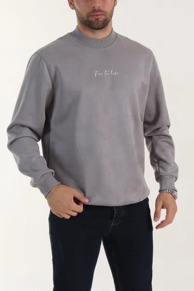 Gri Yazı Detaylı Bisiklet Yaka Erkek Sweatshirt 396976