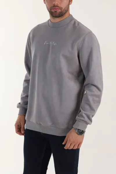 Gri Yazı Detaylı Bisiklet Yaka Erkek Sweatshirt 396976