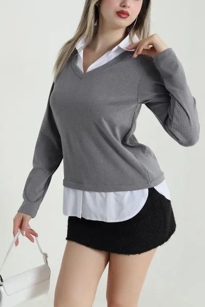 Gri Yeni Sezon Gömlek Garnili Kadın Bluz 490356