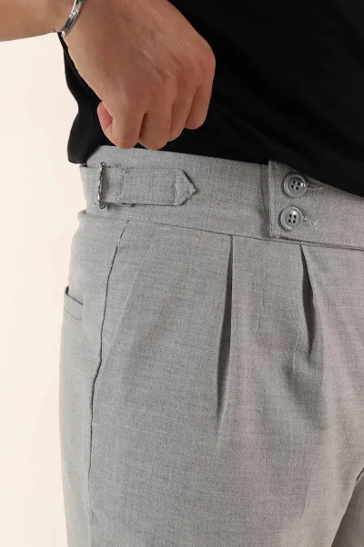 Gri Yüksek Bel Kemer Detaylı Duble Paça Erkek Kumaş Pantolon 391429