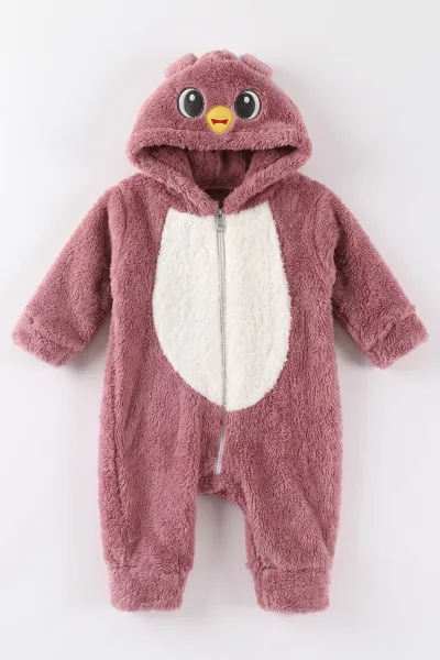 Gül Kurusu (0-12 Ay)Kapüşonu  Ördek Nakışlı  Peluş Kız Bebek Tulum 494426