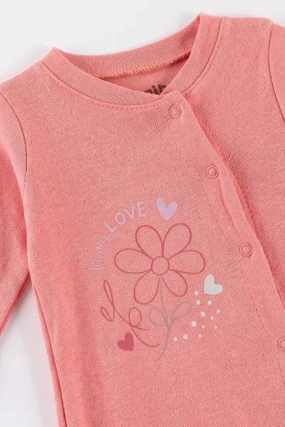 Gül Kurusu (0-3 Ay) Always Love Baskılı Penye ve Şapkalı 2'li Kız Bebek Tulum 492591