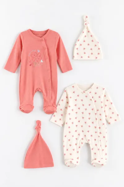 Gül Kurusu (0-3 Ay) Always Love Baskılı Penye ve Şapkalı 2'li Kız Bebek Tulum 492591